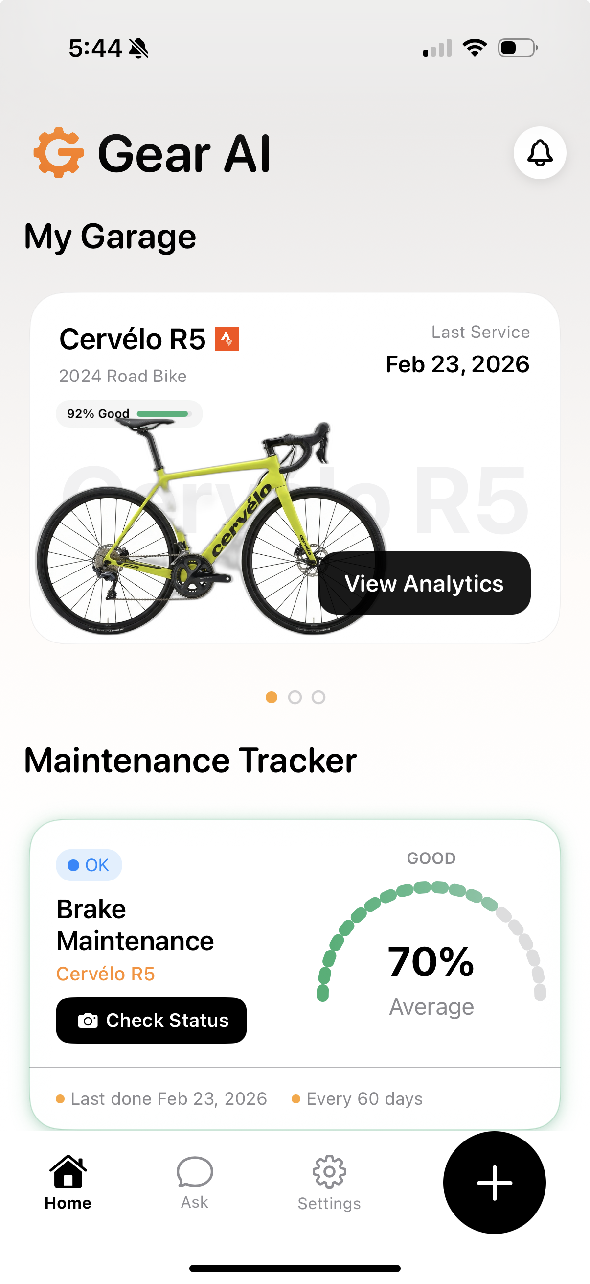Gear AI home screen with garage and maintenance tracker